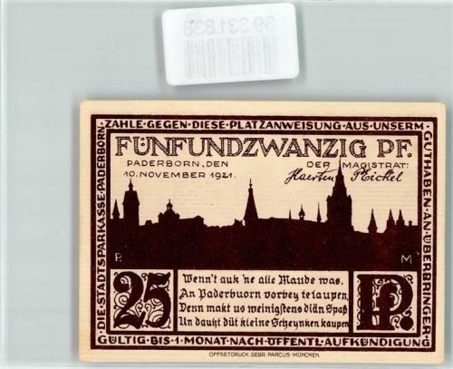 Paderborn Notgeld 25 Pfennig Die Kisau