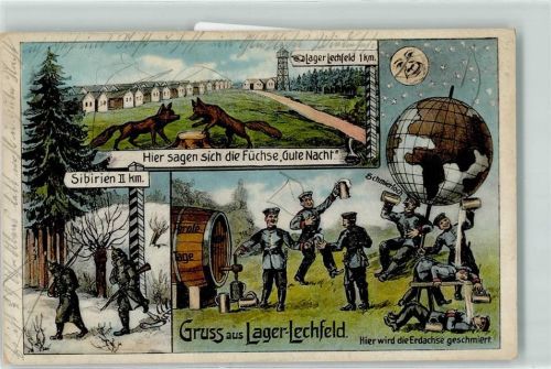 Lager Lechfeld 1916 Truppenübungsplatz Füchse Soldaten Bierfaß Weltkugel Humor