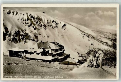 Hampelbaude Riesengebirge Teichränder 1258 m Winter Schnee Hüttenstempel