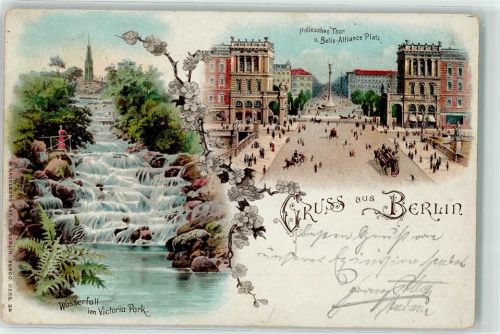10115 W1000 Kreuzberg 1900 Lithographie Hallesches Tor u. Belle Alliance Platz Wasserfall im Victoria Park