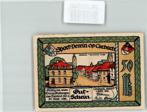 Korbach Notgeld Gutschein 50 Pfennig Berndorfer Straße