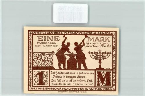 Paderborn Notgeld Eine Mark Schmiede Amboß Jüdischer Kerzenleuchter