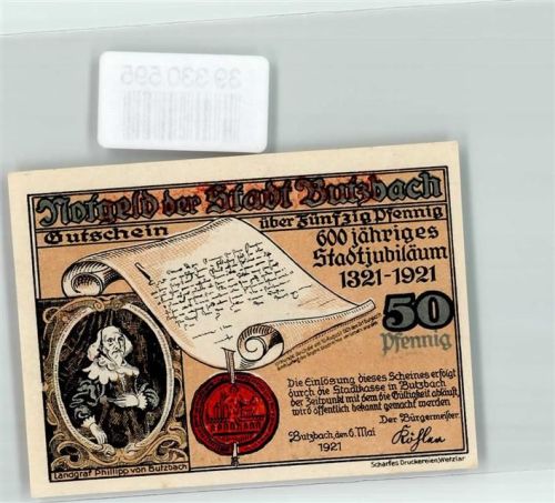 Butzbach 1921 Notgeld der Stadt Butzbach Gutschein über 50 Pfennig 600 jähriges Stadtjubiläum Hexenturm Nr. G 5124
