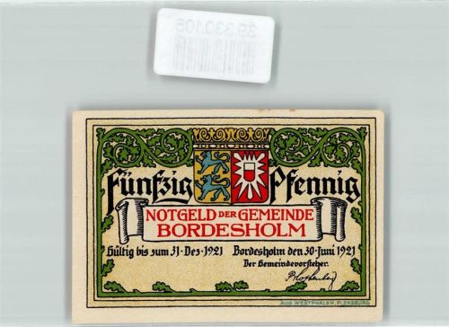 Bordesholm 1921 Notgeld 50 Pfennig Gemeinde Bordesholm