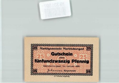Marktschorgast Notgeld Gutschei 25 Pfennig Wappen