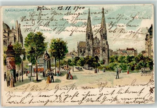 1090 Wien 9. Bezirk, Alsergrund 1900 Lithographie Maximilianplatz Pferdestraßenbahn Litfaßsäule