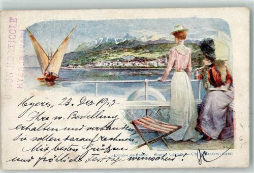 Evian-les-Bains 1902 Segelboot Frau Hut Hocker Reling Schiff Boot sign.