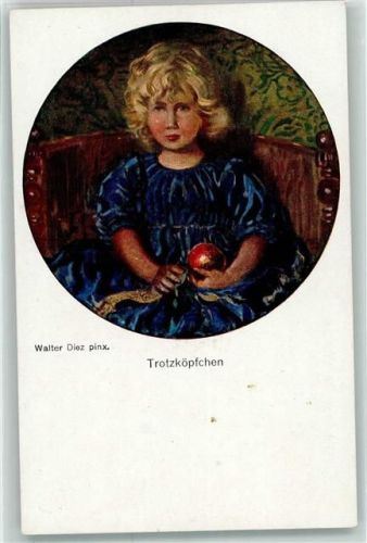 Trotzköpfchen Mädchen Apfel Passepartout sign.Walter Diez Galerie Münchner Meister Nr.341
