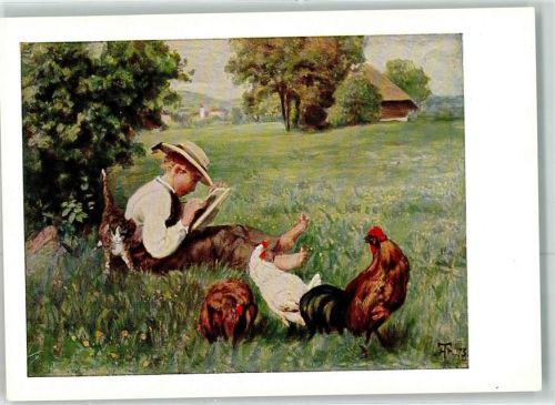 Nach der Schule Hahn Hühner Katze Bruckmanns Bildkarte Nr.44