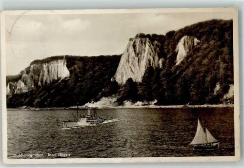 Stubbenkammer 1933 mit Königsstuhl Seebrücke und Fahrgastschiff Segelboot