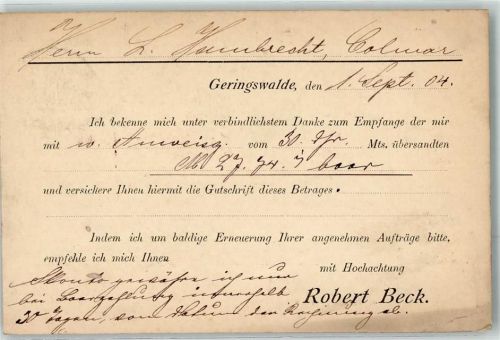 Geringswalde 1904 Polsterfabrik Robert Beck Postkarte Geschäftskorrespondenz