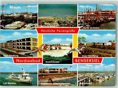 Bensersiel Nordseebad Hafenanleger Fliegeraufnahme Hafen Imac Siedlung Badefreuden Bademode Seewasser Schwimmbecken Bootshafen Lilli Marleen Herzliche Feriengrüße Möwe Seestern