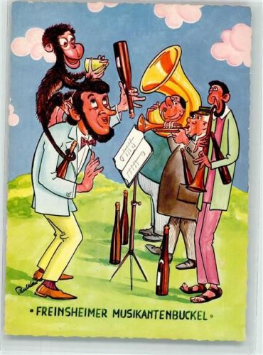 Freinsheim Freinsheimer Musikantenbuckel Affe Flasche Männer Notenständer Trompete sign. Sonderstempel 1. Pfälzische Sesselbahn Edenkoben