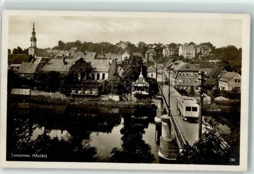 09328 O9293 Lunzenau Foto AK Kirche Brücke Omnibus