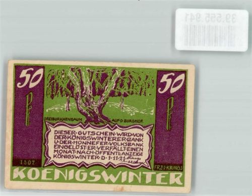 Königswinter 1921 50 Pf. Nr. 1507 Dreiburschenbaum auf d. Burghof