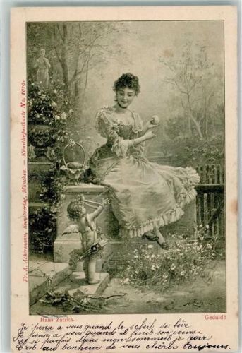 1901 Geduld Verlag A. Ackermann No. 1019 Amor hilft junger Frau beim Garn aufziehen