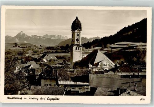 Nesselwang mit Kirche St. Andreas Säuling und Zugspitze Fotograf Tanner Notopfermarke