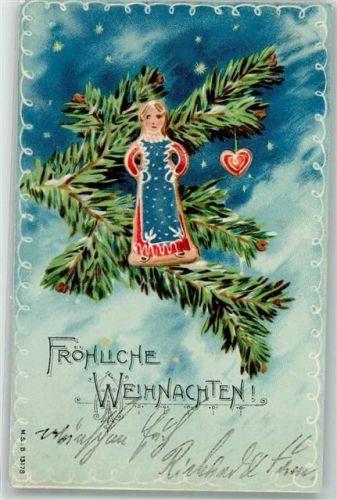 1902 Fröhliche Weihnachten Tannenzweig mit Lebkuchenanhängern M.S.i.B. 13178