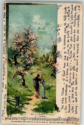 1899 Mann und Frau eng umschlungen auf einem Spaziergang durch eine Frühlingslandschaft Verlag Karl Stücker 7158