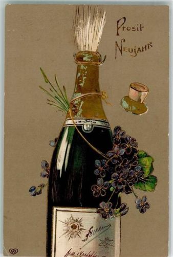 Prosit Neujahr Eine überschäumende Flasche mit Veilchenschmuck EAS Sekt 1910 Prägedruck