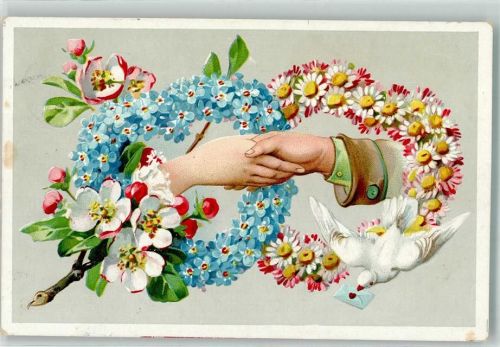 1913 Eine Frau und ein Mann reichen sich durch Blumengirlanden die Hand Taube Lithographie