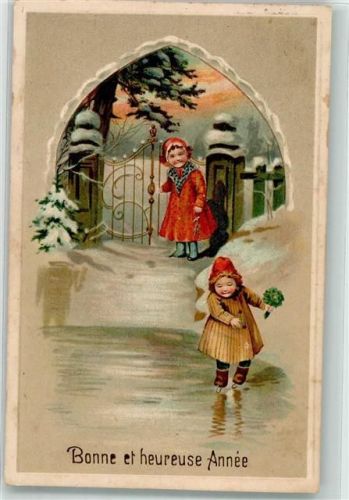 1913 Neujahrsgrüße Kleines Mädchen übt sich vor den Augen der Mutter im Schlittschuh fahren Lithographie Bonne et heureuse Annee