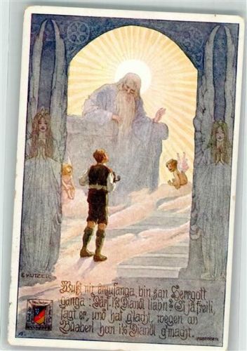 1911 sign. Kutzer Der Herrgott mit Engeln spricht zu einem Mann Bund der Deutschen in Niederösterreich Rosegger-Karte Nr. 51