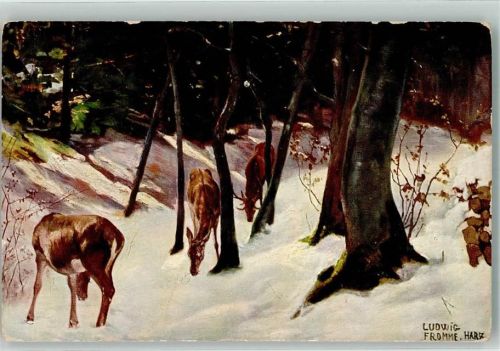 Eine Gruppe Rehe äsen in der Abendsonne im Schnee Jagdtiere Raphael Tuck & Sons Oilette Winterserie No. 526