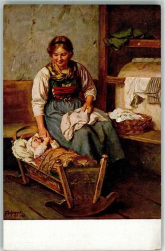 Mutterglück Mutter an der Babywiege Verlag E. A. Seemann Nr. 68 Defregger, F. von Künstlerkarte