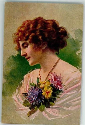 sign. Scholl Frauenbildnis Junge Frau mit Blumenstrauß und gewellten rötlichen Haaren S.V.D. Nr. 774
