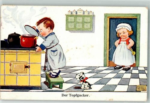 1938 Der Topfgucker Junge mit Hund guckt im Topf was das Mädchen zu essen gemacht hat Tiere vermenschlicht
