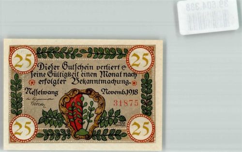 Nesselwang 1918 Gutschein über 25 Pfennig St. Andreas Kirche Wappen