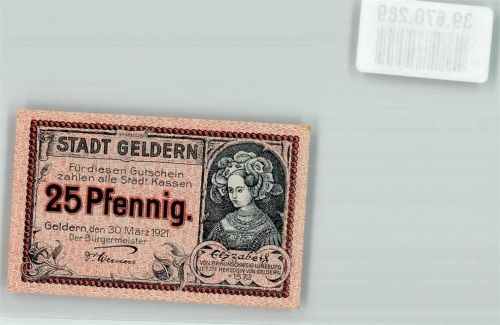 Geldern 25 Pfennig Gutschein Notgeld 1921 Elizabeth von Braunschweig Lüneburg Herzogin Wappen Löwe Blumen Türme