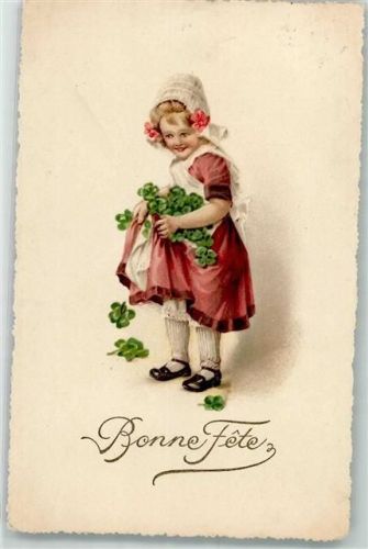 1922 Mädchen sammelt Glücksklee in seiner Schürze Bonne Fete