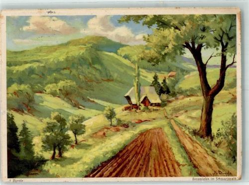 1938 sign. Buggle Ein einsames Schwarzwaldhaus vor Bergwiesen Werbung für Eduscho-Kaffee