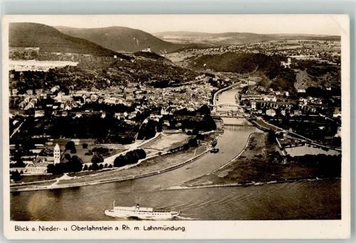 Niederlahnstein Vogelschau Mündung der Lahn in den Rhein Raddampfer