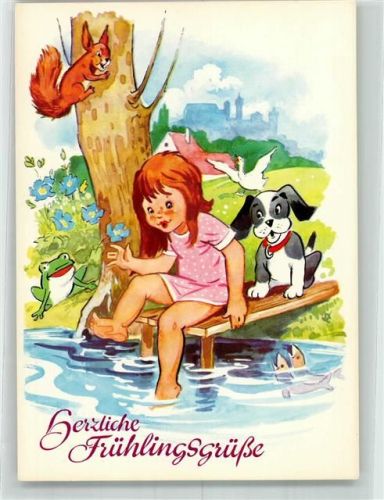 Nürnberg Mädchen und Hund prüfen am Steg die Temperatur des Wassers Frosch Tiere vermenschlicht Werbung Firma E. Otto Schmidt Lebkuchen und Honig