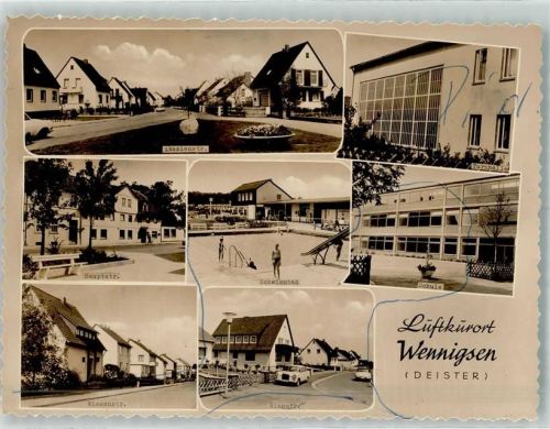 Wennigsen Akazienstraße Hauptstraße Wiesenstraße Schwimmbad Schule mit Turnhalle Ringstraße Foto Original aus Archiv eines Ansichtskartenverlags Striche auf Bildseite