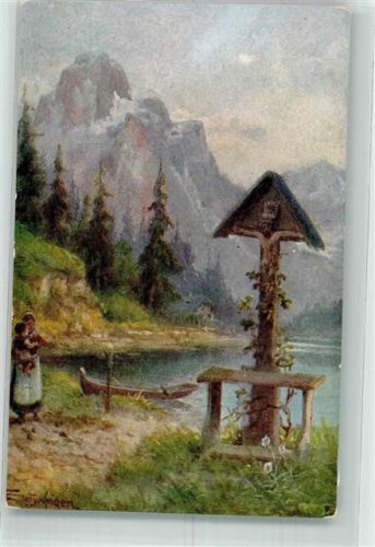 Ein Wegkreuz vor einem See und Hochgebirgskulisse K.Ph.W. 207