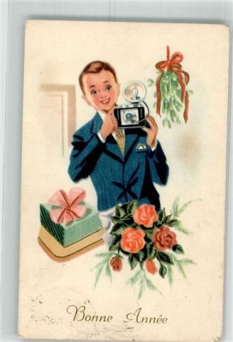1946 Bonne Annee Mann mit Mistel Rosen