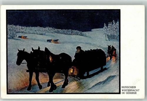 sign. Munscheid Pferdeschlitten Winternacht im Gebirge Nr.73