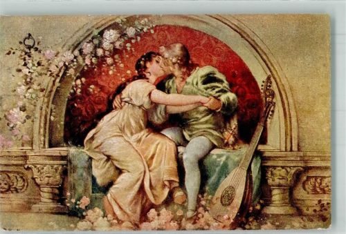 sign. Hock, Daniel Liebesglück Mann und Frau in klassischen Gewändern küssen sich Verlag Wiener Kunst B.K.W.I. Nr. 2828