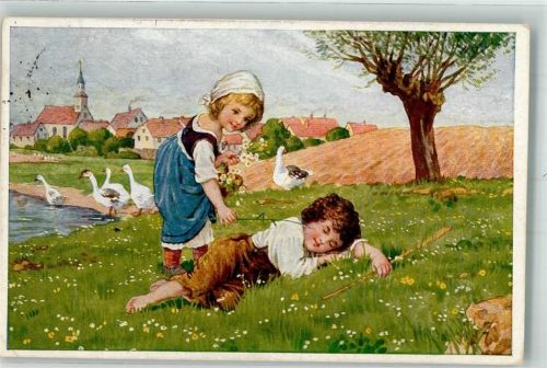 1921 Galerie Münchner Meister Nr. 527 W. Krüger : Sollst nicht schlafen Kinder Gänseliesl