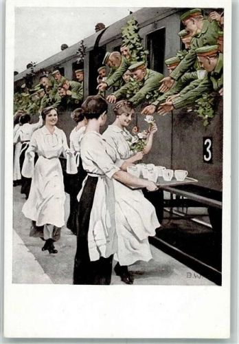 Kriegspostkarte Nr. 2 Erfrischungen von jungen Frauen am Bahnsteig für einfahrende Soldaten Verlag Albert Langen