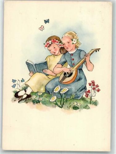 1942 Zwei Mädchen sitzen im Gras und singen und spielen auf der Laute Popp-Verlag 84