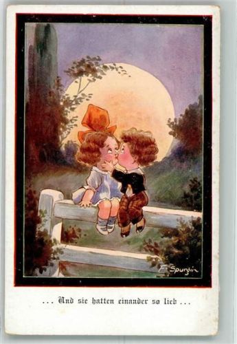 Zwei kleine Kinder küssen sich vor dem großen Vollmond Arthur Rehn & Co. 1656-4