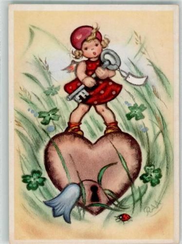 Kind Herz Schlüssel Marienkäfer sign. Charlotte Baron Verlag E.B.D. Nr. 5027