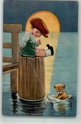 Nr. 79 Kind läßt einen kleinen Hund in einer Vollmondnacht in einem Papierschiffchen fahren Humor