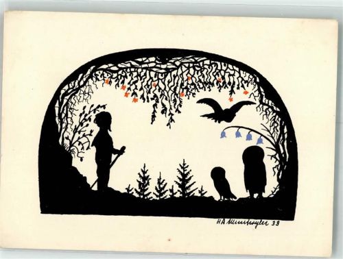 1933 sign. H.A. Muntwyler Scherenschnitt Eulen und ein Zwerg