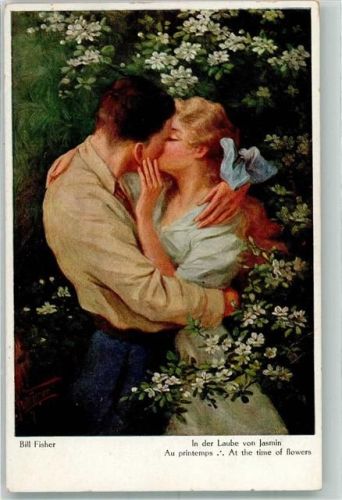 Junges Paar küsst sich zwischen weißem Jasmin Neue Photographische Gesellschaft Nr. 622